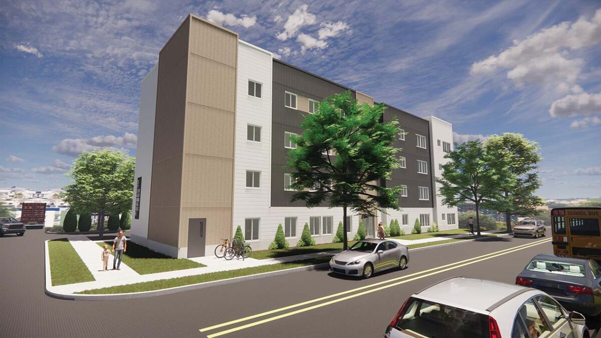 An artistic representation of a multi-story residential building with a contemporary design.