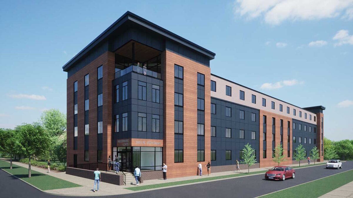 An artistic representation of a multi-story residential building with a contemporary design.